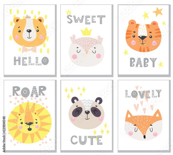 Fototapeta Set of cute card with funny animals face. Vector illustration 