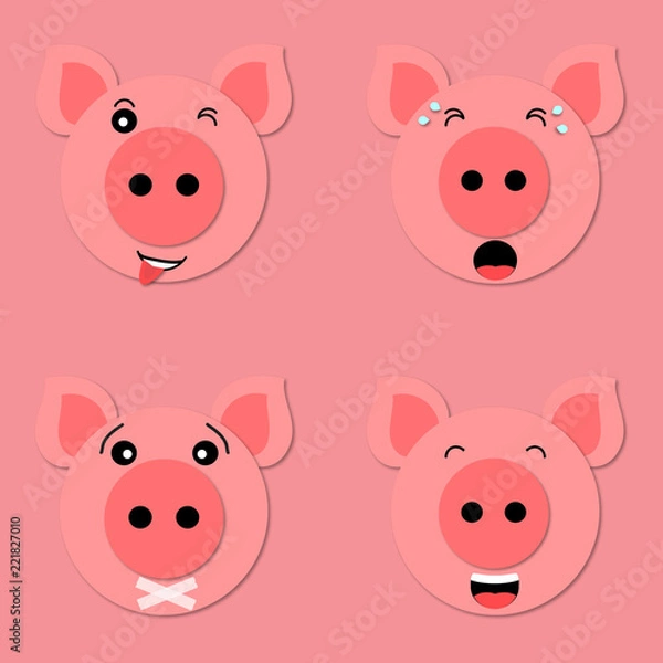 Fototapeta Set of vector emoji. Pig muzzle close up. Funny and cute pig face in cartoon style. 3d paper art. Vector. Pig icon.