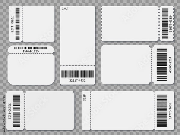 Obraz Ticket templates. Blank admit one festival concert theater raffle tickets and coupons with barcode isolated vector set. Concert ticket, coupon with bar code illustration