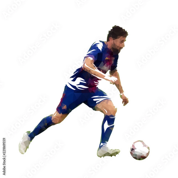 Fototapeta Soccer player running with ball, polygonal vector illustration. Side view. Footballer