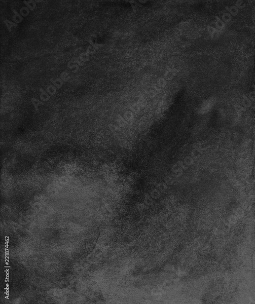 Fototapeta Black background. Watercolor monochrome background. Watercolour deep black overlay. Aquarelle stains on textured paper. Calm dark wallpaper. Old wall. Modern abstract art. Gloomy background for cards.