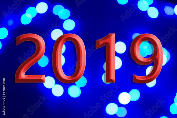 Fototapeta new year and Christmas celebration  concept of blue and white illumination and background surface with red numbers of "2019"