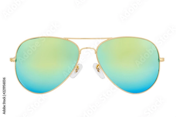 Fototapeta Gold sunglasses with Green Chameleon Mirror Lens isolated on white background