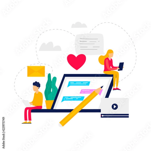 Fototapeta Relationships at a distance, correspondence on the Internet. Flat illustration.