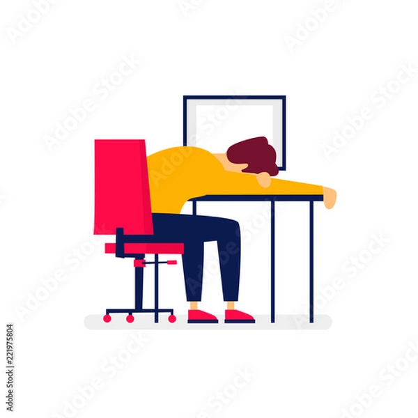 Fototapeta Businessman fell asleep in the workplace. Flat illustration in cartoon style. Vector.