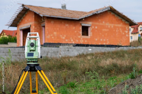 Fototapeta Surveyor equipment (theodolit) on construction site with house and sky  in background
