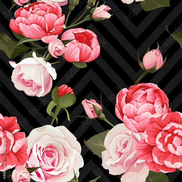 Fototapeta Peony and roses vector seamless pattern floral texture on a dark chevron backgrounds