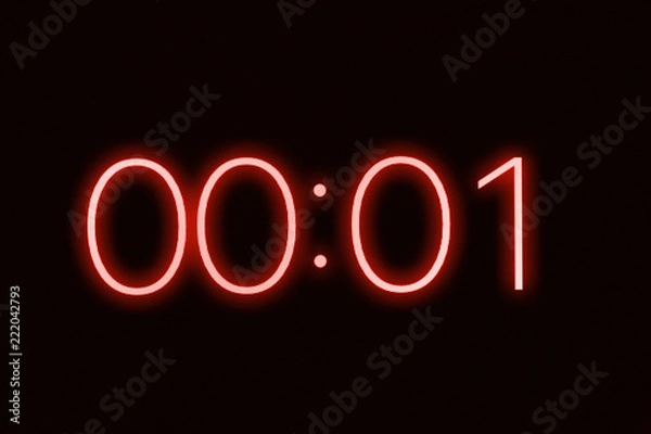 Obraz Digital clock timer stopwatch display showing 1 one second remaining in glowing red numbers. Emergency, urgency, out of time concept.
