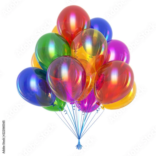 Obraz piękne balony helowe pęczek kolorowe przyjęcie, festiwal, dekoracja urodzinowa wielokolorowa. Renderowanie 3d