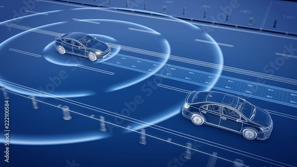 Fototapeta Autonomous self driving electric car change the lane and overtakes city vehicle