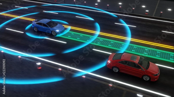 Fototapeta Autonomous self driving electric car change the lane and overtakes city vehicle 3d rendering