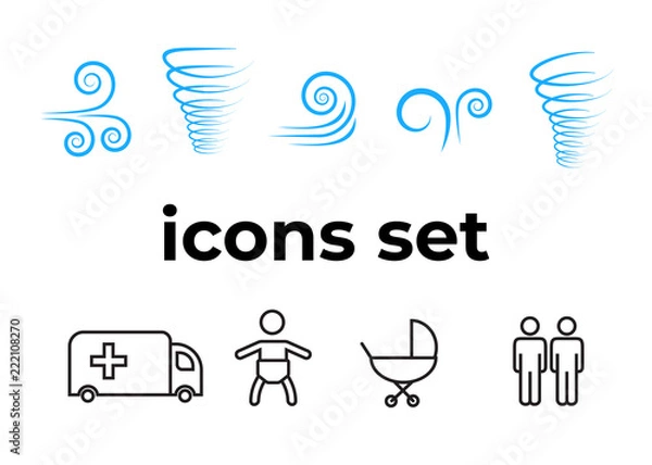 Fototapeta Vector icons set. Air and key icon. Name tag and film roll vector set icons