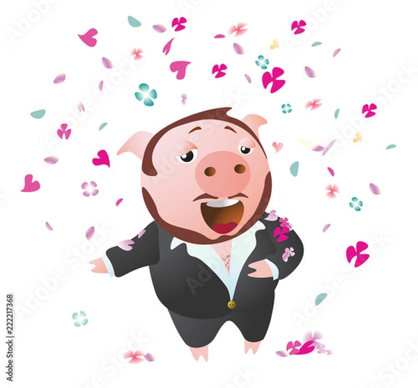 Fototapeta Tenor pig  sings opera sucessful. Sprinkled with flower petals. Vector illustration. Isolated on transparent background.  Excellent for the design of postcards, posters, stickers and so on.
