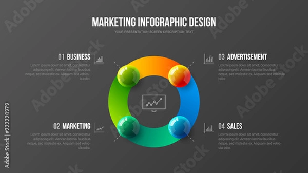 Obraz Premium quality advertising analytics presentation vector illustration template. Business data visualization creative design layout. Amazing corporate statistics information screen infographic.