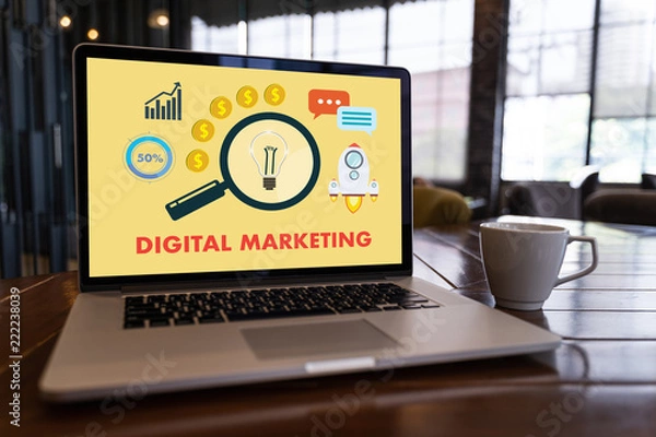 Fototapeta DIGITAL MARKETING new startup project MILLENNIALS Business team hands at work with financial reports and a laptop