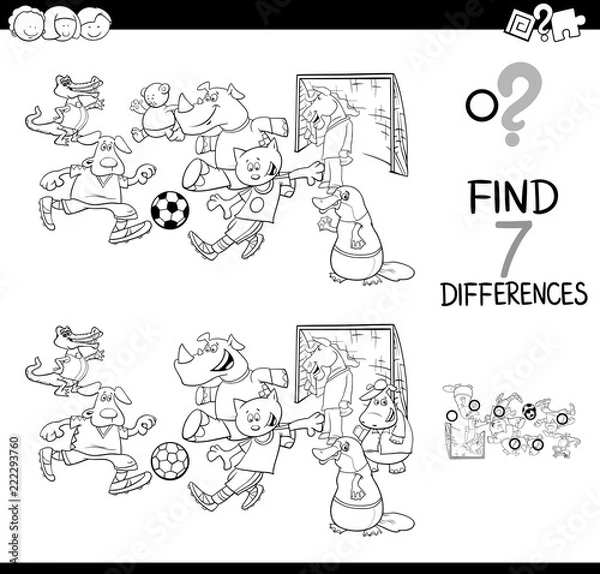 Fototapeta differences game with soccer animals color book
