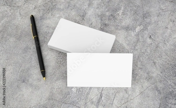Obraz 3D render of Blank white Business card presentation of Corporate id with black pen on concrete desk.