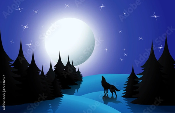 Obraz Wolf howling on moon, vector illustration