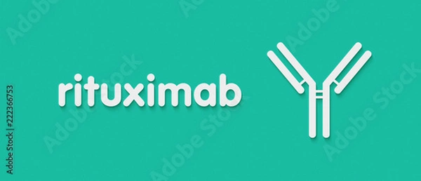 Fototapeta Rituximab monoclonal antibody drug. Targets CD20. Indications for use indicate rheumatoid arthritis and a leukemia. Generic name and stylized antibody representation.
