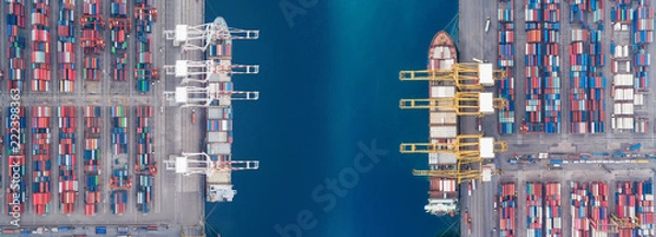 Obraz Aerial view panoramic sea port warehouse and container ship or crane ship working for delivery containers shipment. Suitable use for transport or import export to global logistics concept.
