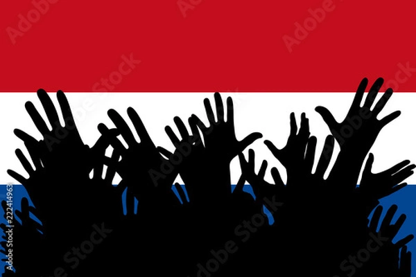 Fototapeta Hands up silhouettes on a Netherlands flag. Crowd of fans of soccer, games, cheerful people at a party. Vector banner, card, poster.