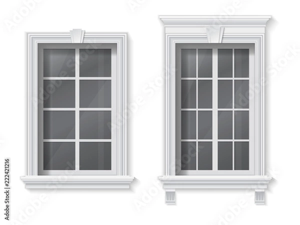 Fototapeta Okno w klasycznej ramie z naczółkiem i lamówką. Element wystroju architektonicznego elewacji budynku.
