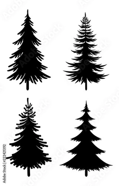 Fototapeta Christmas Fir Trees Set, Black Silhouette Pictograms Isolated On White Background, Winter Holiday Symbols. Vector