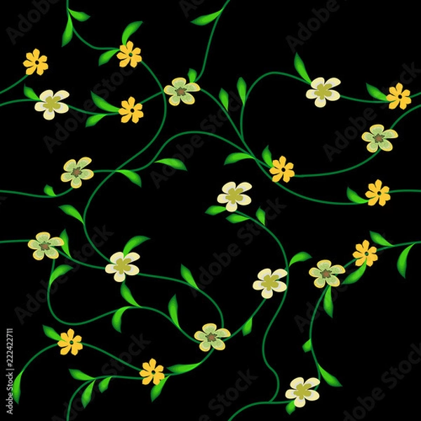 Fototapeta Vector seamless floral pattern with small yellow flowers against the background of interwoven stems and leaves on black
