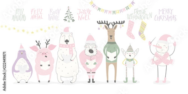 Fototapeta Hand drawn vector illustration of a funny singing Santa, elf, animals, with quote Merry Christmas in different languages. Isolated objects on white background. Flat style design. Concept card, invite.