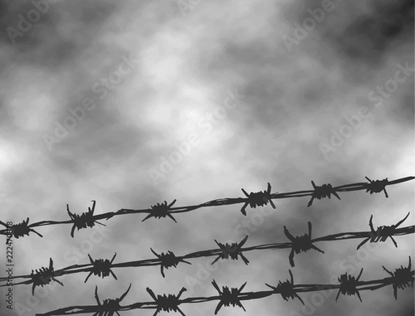 Fototapeta International Day of Fascist Concentration Camps and Ghetto Prisoners Liberation. Black and white vector illustration to the holocaust. Fence made of wire with spikes isolated on grey sky background.