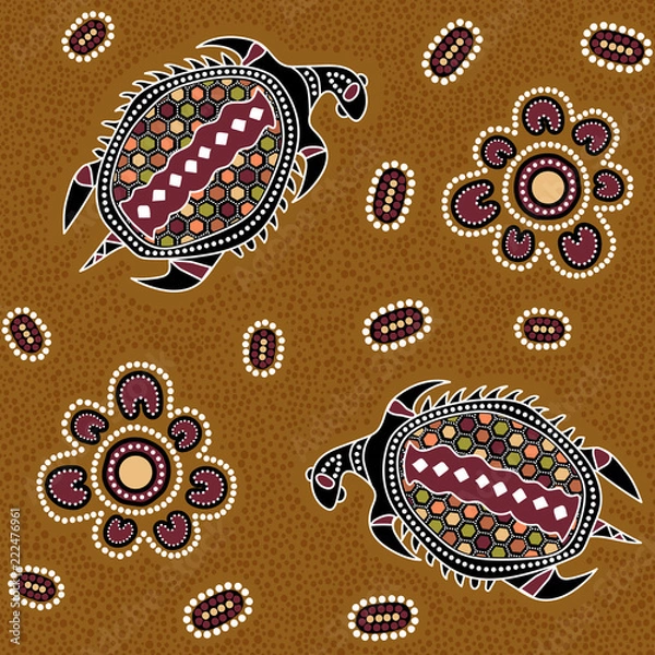 Obraz Australian aboriginal seamless vector pattern with dotted circles, ovals, turtles and other elements
