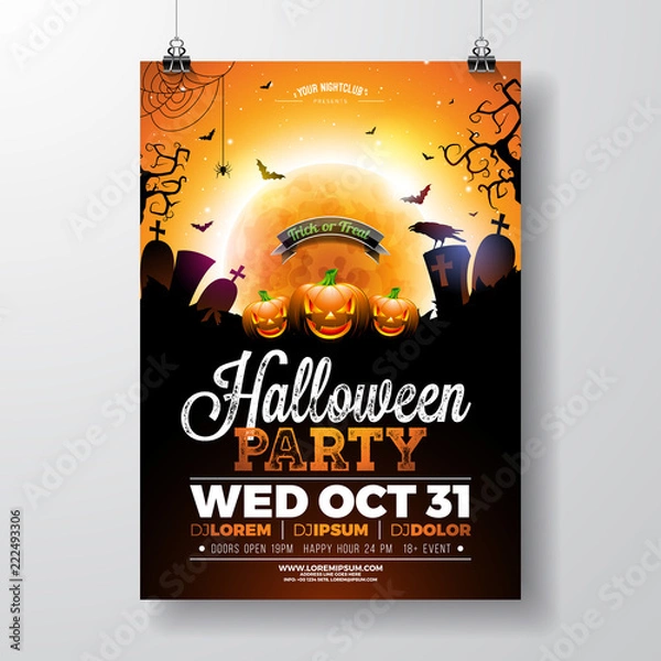 Fototapeta Halloween Party flyer vector illustration with scary faced pumpkin on mysterious moon background. Holiday design template with crow, spiders, cemetery and flying bats for party invitation, greeting