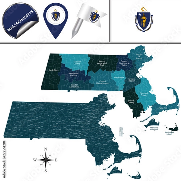 Obraz Mapa stanu Massachusetts z regionami
