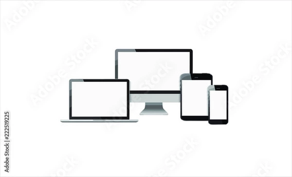 Fototapeta Set realistic Monitors laptop tablet and phone vector illustration
