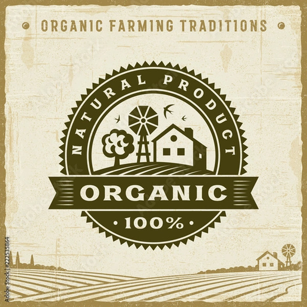 Fototapeta Vintage Organic 100% Natural Product Label. Editable EPS10 vector illustration with clipping mask and transparency in retro woodcut style.