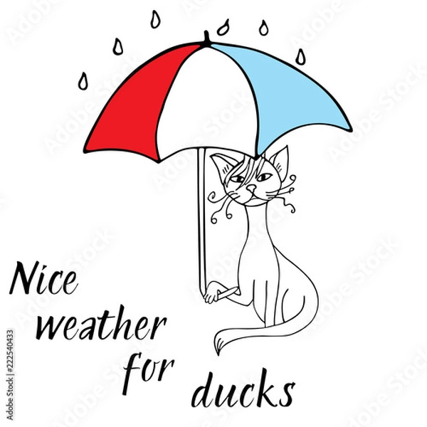 Fototapeta Cat doodle with umbrella. Sketch.