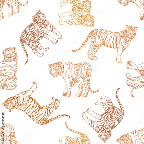 Fototapeta Seamless pattern of hand drawn sketch style tigers. Vector illustration isolated on white background.