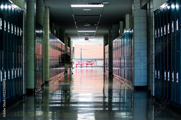Fototapeta Straight view of darkly lit hallway with bright light at end and lockers covering the walls on either side 