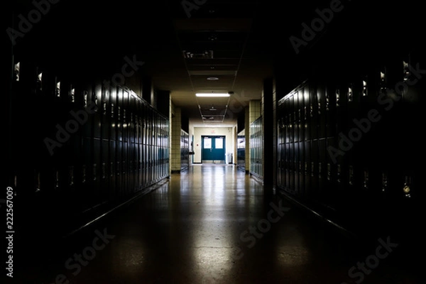 Fototapeta Straight view of darkly lit hallway with bright light at end and lockers covering the walls on either side 