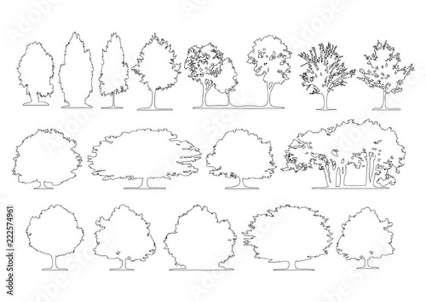Fototapeta Set of side view graphics trees elements outline symbol for architecture and landscape design drawing. Vector illustration