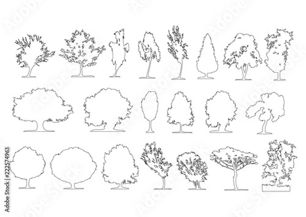 Fototapeta Set of side view graphics trees elements outline symbol for architecture and landscape design drawing. Vector illustration