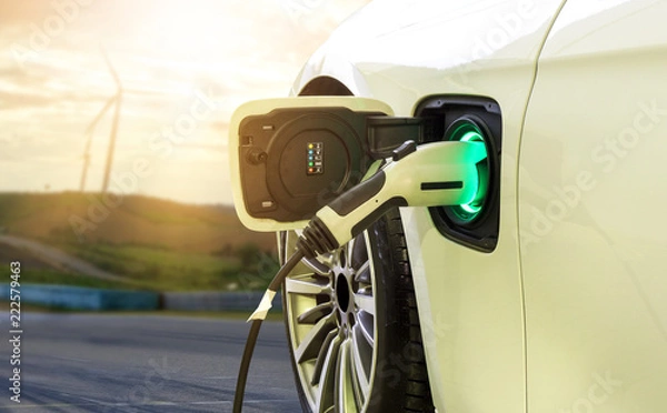 Fototapeta Samochód elektryczny lub samochód EV ładowanie w stacji na niewyraźne zachód słońca z turbin wiatrowych przed samochodem na tle. Ekologiczna koncepcja alternatywnej energii