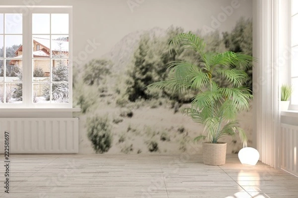 Fototapeta White empty room with winter landscape in window. Scandinavian interior design. 3D illustration