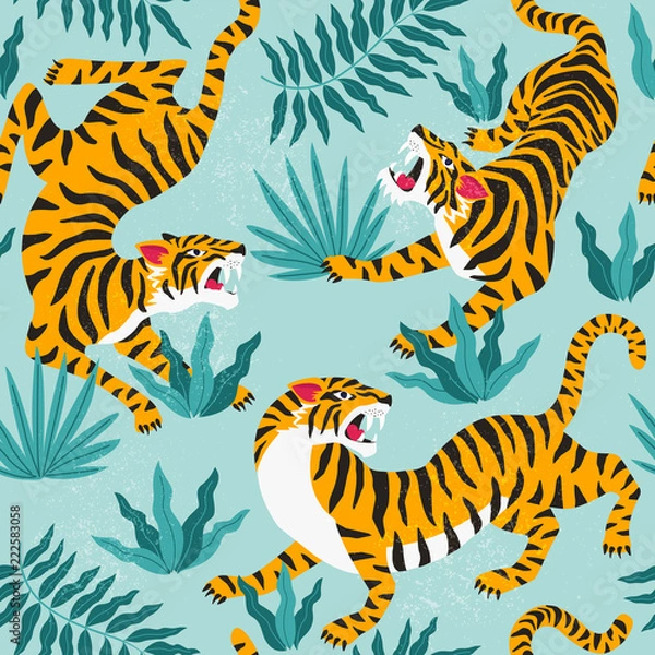 Obraz Wektor wzór z słodkie tygrysy na tle. Pokaz zwierząt cyrkowych. Modny design tkaniny.