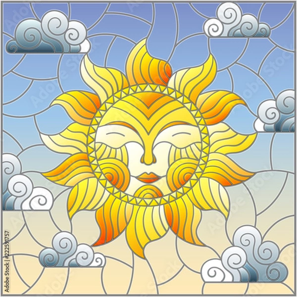 Fototapeta Illustration in stained glass style with fabulous sun with the face on the background of sky and clouds