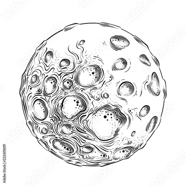 Fototapeta Hand drawn sketch of moon planet in black isolated on white background. Detailed vintage style drawing. Vector illustration