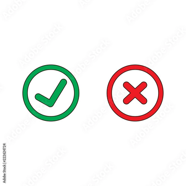 Fototapeta Tick and cross signs. Green checkmark OK and red X icons, isolated on white background 