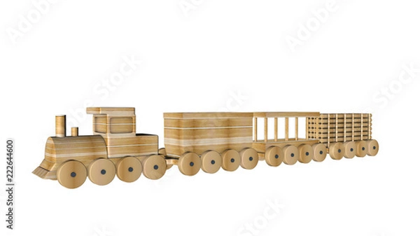 Fototapeta wooden train with wagons on a white background. 3D rendering