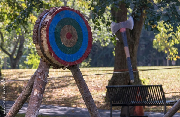 Obraz Axe throwing with wooden target, park, summer, Halifax, fun.