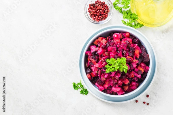 Fototapeta Vegetarian beetroot vinaigrette salad. Top view, space for text.